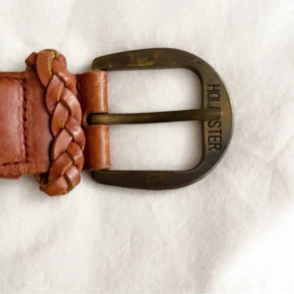 Hollister Woven Braided Leather Belt Women XS S Brown Brass Buckle Vintage